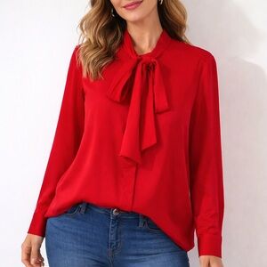 Express Relaxed Satin Long Sleeve Tie Neck Portofino Shirt Size XL 🆕